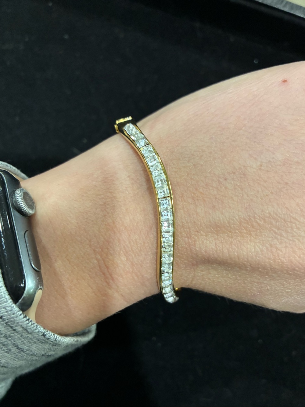 Vintage Rhinestone Gold Tone Wavy Hinged Bangle Bracelet